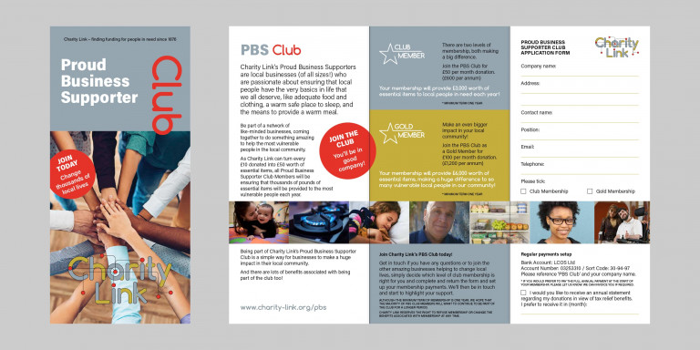 Folded flyer for the Charity Link Proud Business Supporter Club