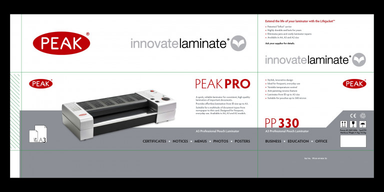 Packaging design pour la plastifieuse Peak Pro de chez Vivid Laminating Technologies